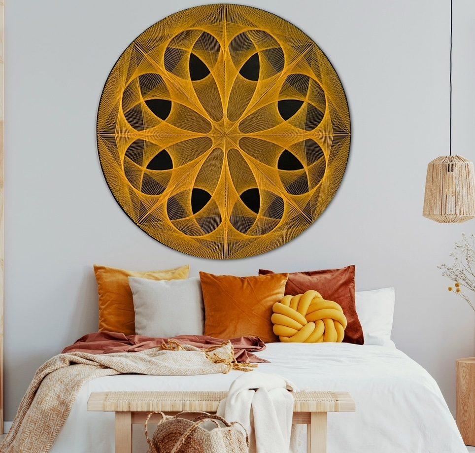48” Golden Sacred Geometry String Art Mandala – Large Yoga Studio Wall Art, Handmade Meditation Decor, detail view 3 — handmade string art by Asja