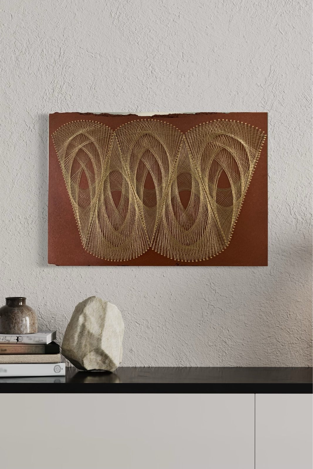 Golden Arches String Art on Terracotta Wood – Handmade Earthy Geometric Wall Decor — handmade string art by Asja