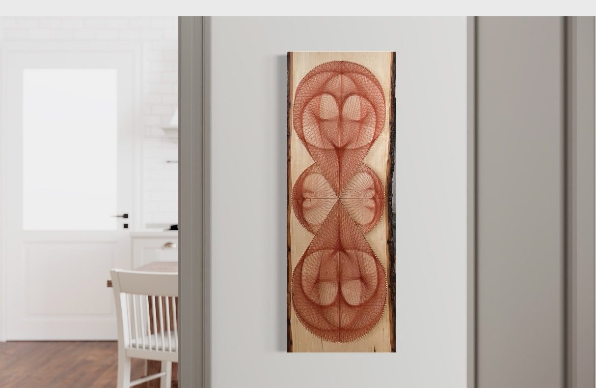Live-Edge Wood String Art – Rust Geometric Wall Art, Handmade Organic Modern Vertical Decor — handmade string art by Asja