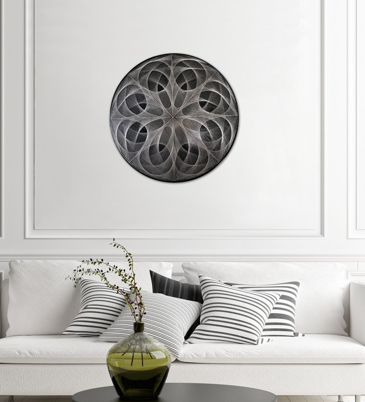 Silver Sacred Geometry String Art Wall Decor Large Geometric Mandala – Modern Black & Silver Statement Wall Art — handmade string art by Asja