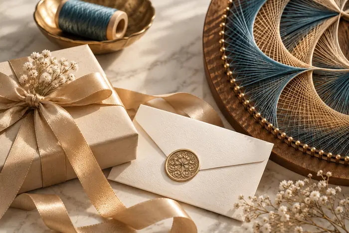 Asja’s Thread Art gift presentation with cream gift box, gold ribbon, sealed envelope, teal thread and handmade string art